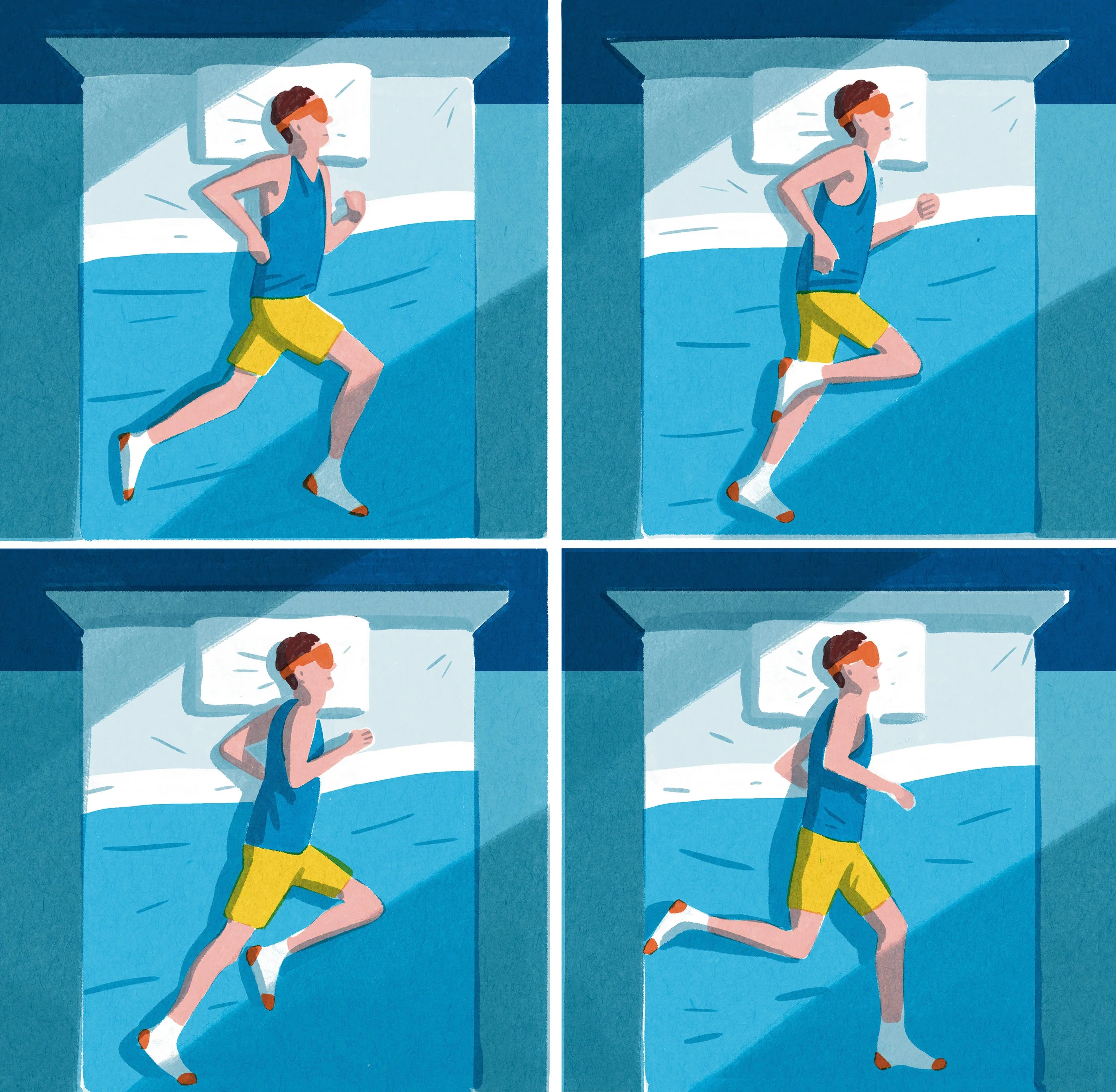 quadrant illustration of a person napping in bed with legs in jogging positions