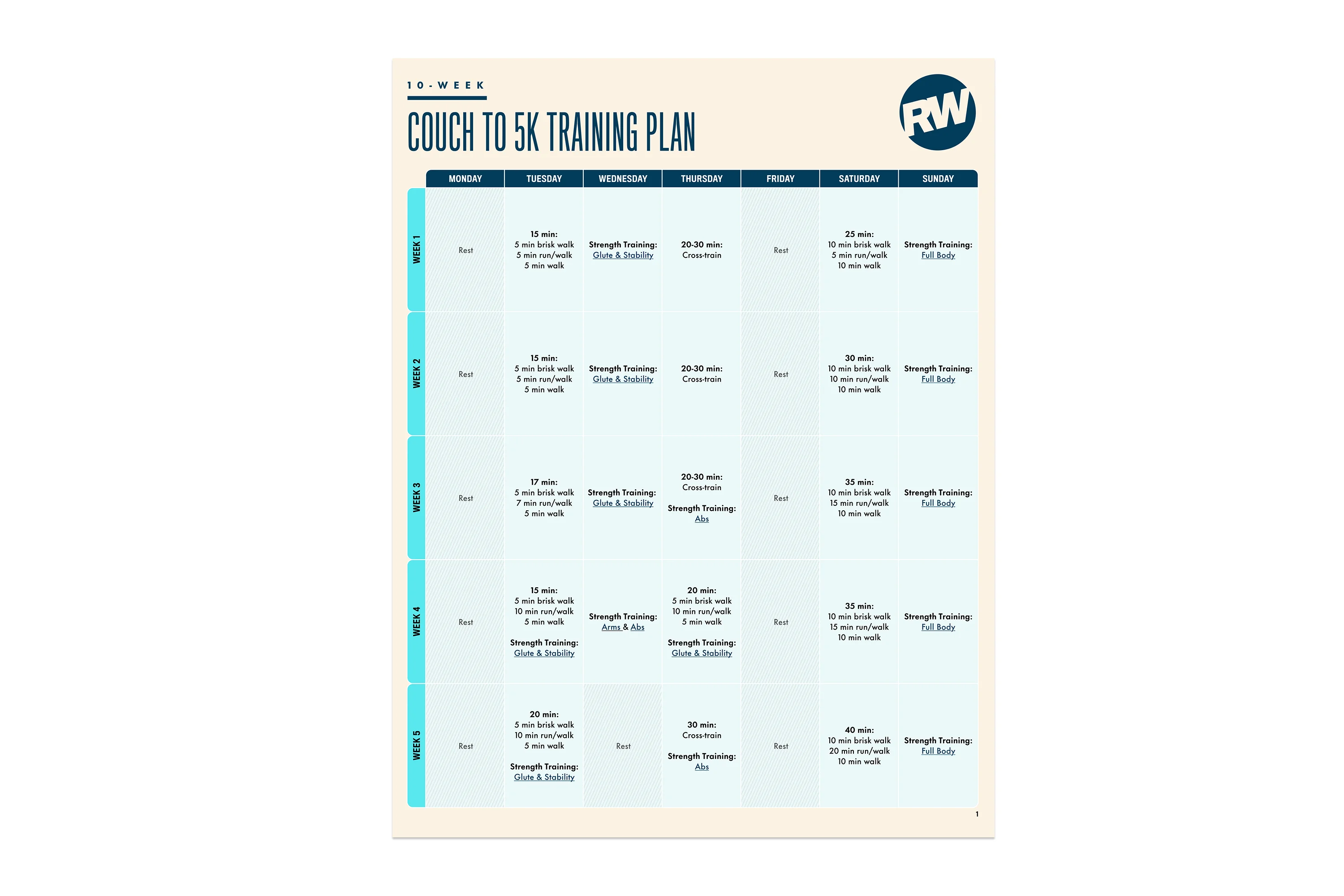 10-week Couch to 5K training plan with scheduled workouts and rest days for each week.