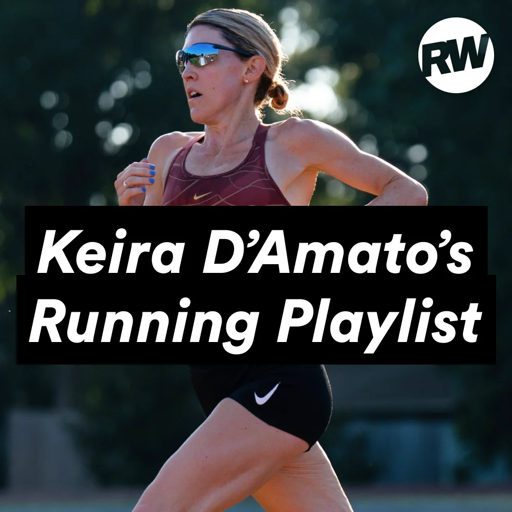 Keira D'Amato running with the text "Keira D'Amato's Running Playlist" overlaying the image. Keira D'Amato running with the text "Keira D'Amato's Running Playlist" overlaying the image.