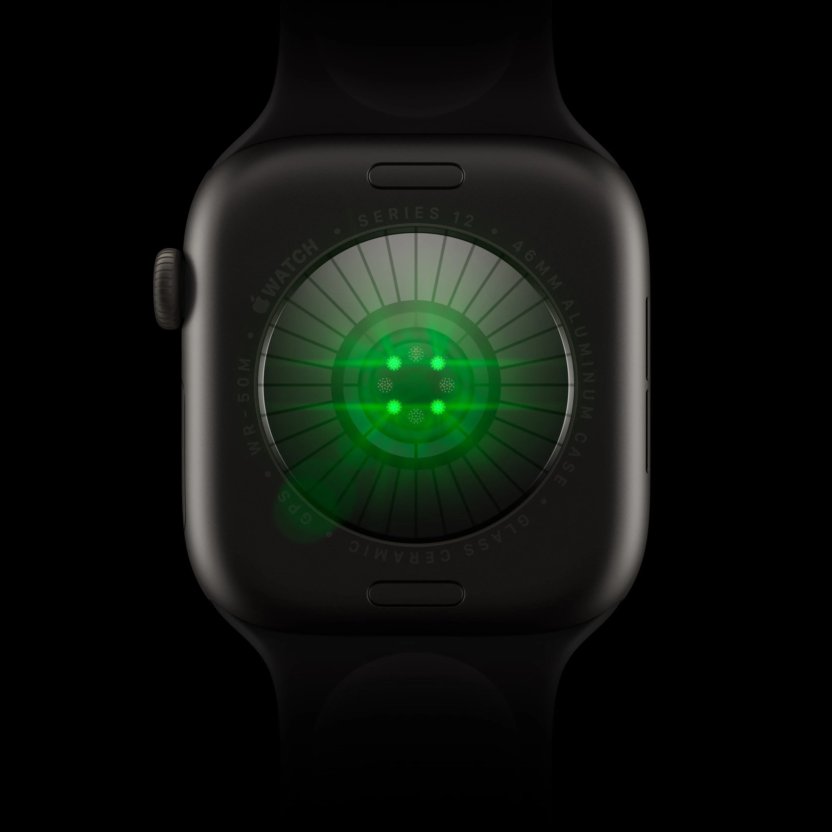 Apple Watch with a green heartbeat sensor illuminating on the back against a black background. Apple Watch with a green heartbeat sensor illuminating on the back against a black background.