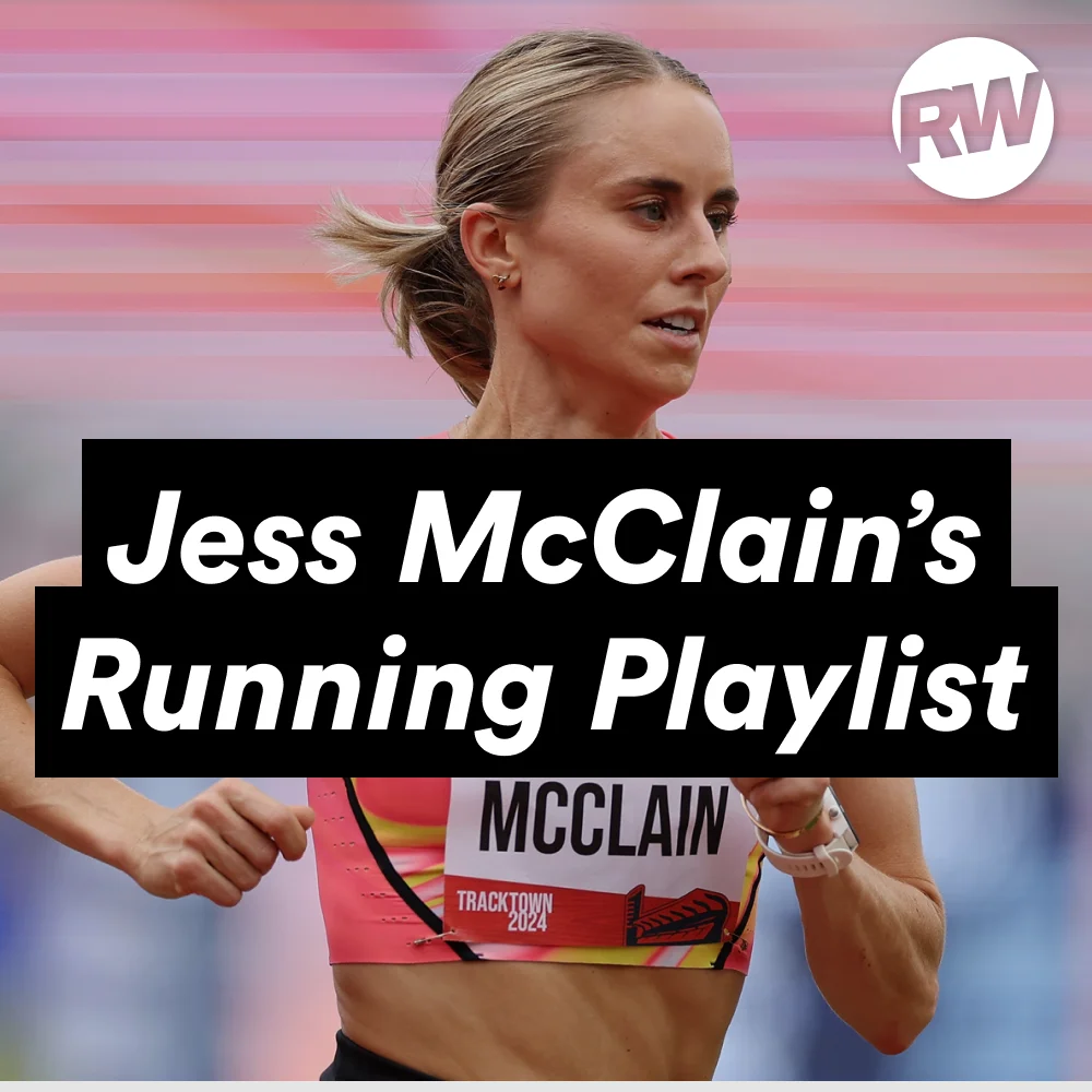 Jess McClain sprinting with a focus, promoting her running playlist and TrackTown 2024 event.