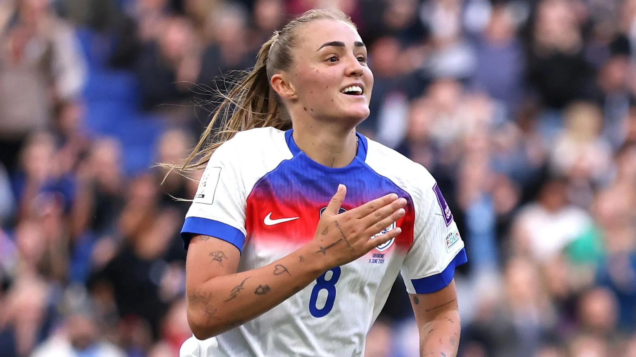 Georgia Stanway celebrates scoring for England v Ukraine in a Women's World Cup qualifier